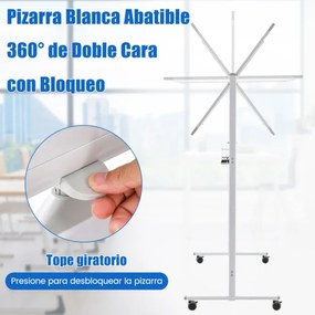 Quadro branco magnético dupla face com suporte de rotação 360° para escola, casa e mesa 56 x 128 x 145-173 cm branco