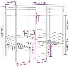 Cama alta com secretária e cadeiras 90x190 cm pinho maciço