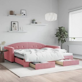 Sofá-cama com gavetão e gavetas 100x200 cm veludo rosa