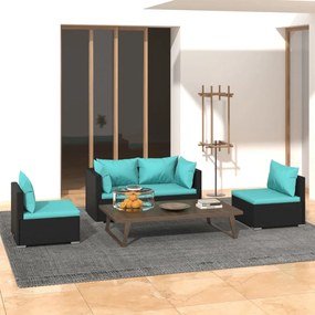 vidaXL 4 pcs conjunto lounge de jardim c/ almofadões vime PE preto