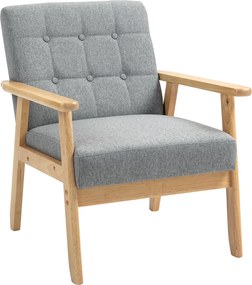 HOMCOM Poltrona Sala de Estar Estofada em Linho com Apoio para os Braços e Estrutura de Madeira de Borracha 64x75x76 cm Cinza Claro | Aosom Portugal