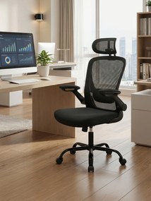 Cadeira de escritório ergonómica, giratória com função de balanço, em malha preta