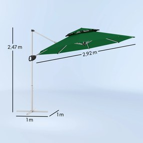 Chapéu de Sol Excêntrico  Ø292 cm com Manivela Rotativo 360° Inclinação Ajustável Duplo Teto e Base Cruzada Verde Escuro