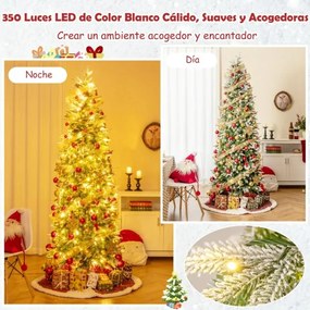 Árvore de Natal estreita pré-iluminada de 225 cm com 350 luzes LED Neve simulada 913 ramos articulados 75 pinhas Verde+Branco