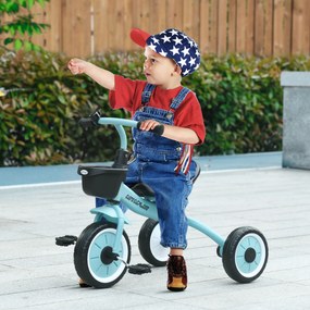 Triciclo para Crianças de 2 a 5 anos com Assento Ajustável Cesta Buzina e Pedais e 3 Rodas 70,5x50x58 cm Azul