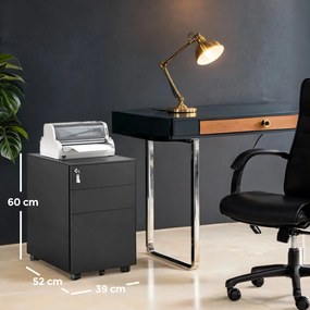 Bloco gavetas escritório com rodas com 3 gavetas 52 x 39 x 60 cm preto