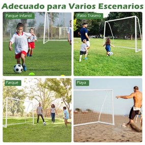 Baliza de futebol 245 x 182 cm para jardim Rede resistente às intempéries e estrutura UPVC com estacas e cones Montagem rápida Branco