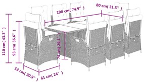 9 pcs conj. jantar jardim c/ almofadões vime PE bege misturado