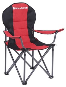 Cadeira de acampamento dobrável SONGMICS, com assento de esponja confortável, porta-copos, estrutura resistente, capacidade máxima de carga de 250 kg, cadeira para áreas externas, preta GCB06BK