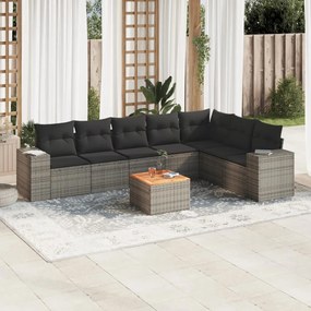 8 pcs conjunto sofás de jardim c/ almofadões vime PE cinzento