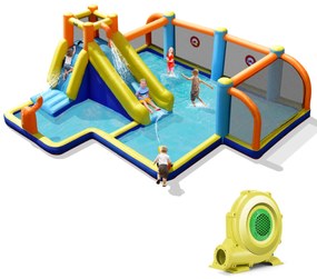 Castelo, Parque aquático insuflável com compressor 680 W infantil com tema futebol Piscina Parede para escalar 465 x 500 x 200 cm Multicolorido