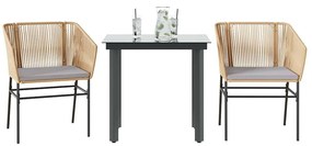 Conjunto jantar jardim 3 peças almofadas vidro vime PE castanho