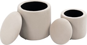 Conjunto de 2 pufes/bancos/apoios para os pés com baú de arrumação em tecido com aspeto de veludo canelado, Ø40 cm e Ø30 cm, creme