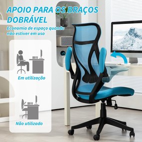 Cadeira de Escritório Giratória com Altura Ajustável Apoio para os Braços Dobráveis e Função Basculante 66x66x113-121 cm Azul
