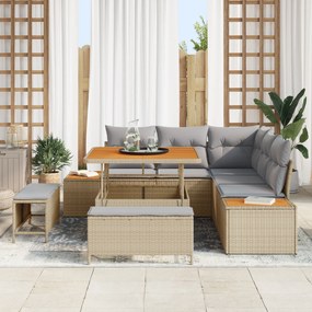 Conjunto de Sofá de Jardim de 8 Peças com Almofadas Bege de Vime Acáci