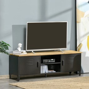 Móvel de TV 150 x 40 x 50 cm para televisores de 55'' com 2 armários, pés ajustáveis, preto e tampo em cor natural