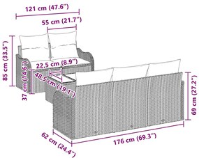 Conjunto de Sofá de Jardim 6 Peças com Almofadas Pretas em Rattan Sint