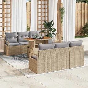 Conjunto de Sofá de Jardim vidaXL de 7 Peças com Almofadas Bege Vime Poli Acácia
