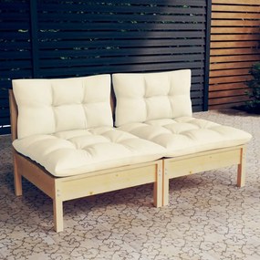 vidaXL Sofá de jardim 2 lugares com almofadões cor creme pinho maciço