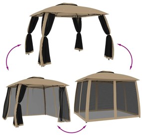 Gazebo c/ teto duplo/paredes de malha aço cinzento-acastanhado
