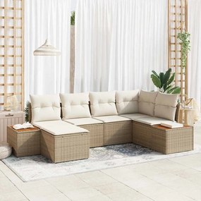 Conjunto de Sofá de Jardim de 6 Peças com Almofadas Bege Vime Sintético Acácia