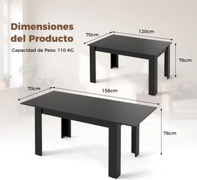 Mesa de jantar extensível Mesa de cozinha moderna com tampo ajustável Pernas em forma de L 110 KG Carga 158 x 70 x 76 cm Preto
