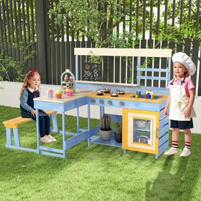 Cozinha de brincar com mesa de piquenique para crianças de madeira de abeto com banco Quadro negro Acessórios Utensílios Azul