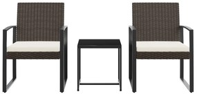 3 pcs conjunto jantar p/ jardim c/ almofadões vime PP castanho