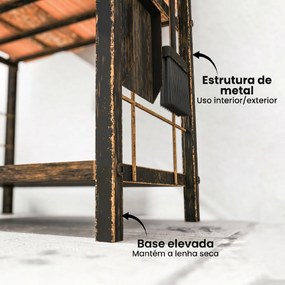 Porta-Lenha Metálico de 2 Níveis com 4 Ferramentas para Lareira e Ganchos 43x30x74 cm Castanho Escuro