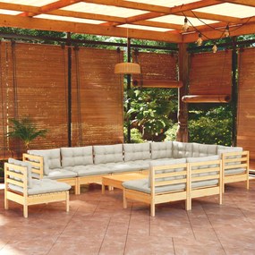 vidaXL 11 pcs conjunto lounge jardim c/ almofadões creme pinho maciço