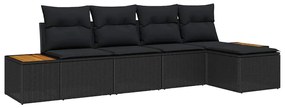 Conjunto de Sofá de Jardim de 5 Peças com Almofadas Pretas em Rattan d