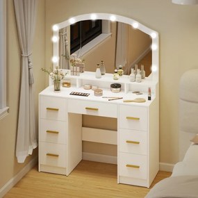Toucador maquilhagem com 10 Luzes LED de 3 Cores  110x40x150 cm com Espelho 7 Gavetas 3 Compartimentos Moderno Branco