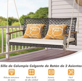 Baloiço de varanda em vime de 2 lugares com almofada de assento Apoio de braço em madeira de acácia 2 cordas 131 x 68 x 54 cm Castanho + Branco