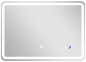 HOMCOM Espelho de Casa de Banho com Luz LED 70x50 cm Bluetooth 3 Cores de Luz Relógio Digital Função Antiembaciamento Memória Prata | Aosom Portugal