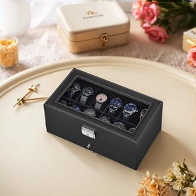Caixa para relógios 18,5 x 32,5 x 13,5 cm, com tampa de vidro, 2 níveis, para 12 relógios revestimento em PU preto