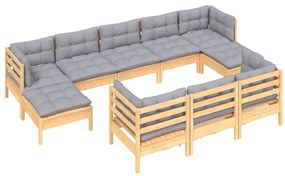 10pcs conjunto lounge de jardim + almofadões cinza pinho maciço