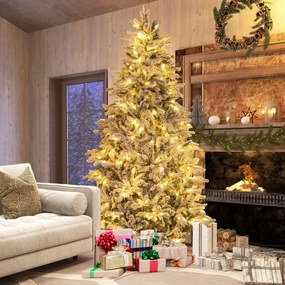 Árvore de Natal com neve de 210 cm com 1687 ramos, 300 luzes LED quentes e design com dobradiças verde