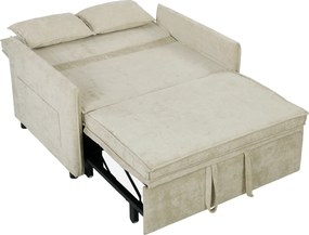 Sofá-cama de 2 lugares pequeno 125 (L) x 91 (P) x 94 (A) cm, sofá-cama 3 em 1 em chenille com encosto ajustável, assento largo, 2 almofadas, creme