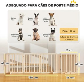 Barreira de Segurança Dobrável para Cães em Madeira, 3 Painéis, para Escadas e Portas, com 2 Pés de Apoio, 150x61 cm, Natural