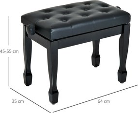 Banco de Piano Altura Ajustável Assento de Couro Sintético Pernas em Madeira 64x35x55 cm Preto