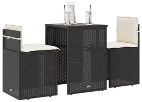 3 pcs conjunto de bistrô com almofadões vime PE preto