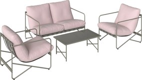 Conjunto de Jardim de 4 peças com Sofá de 2 Lugares 2 Poltronas Mesa de Vidro Temperado e Almofadas Grossas para Terraço Rosa