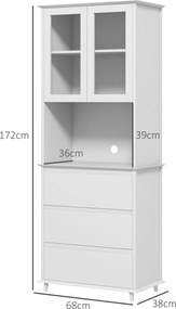Aparador de cozinha com armário de arrumação, 2 portas, 3 gavetas e compartimento central; dimensões: 68 x 38 x 172 cm; MDF branco