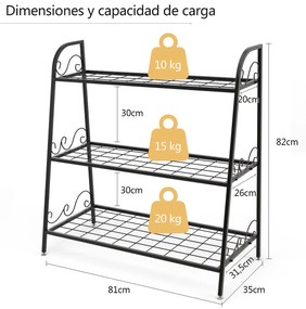 Estante metálica para plantas com 3 níveis Suporte para flores para jardim, varanda  81 x 35 x 82 cm Preto