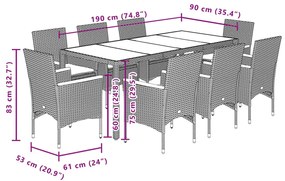 9 pcs conjunto jantar jardim c/ almofadões vime PE/vidro cinza