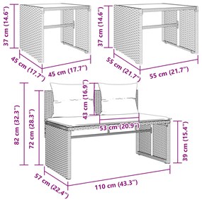 4 pcs conj. sofás jardim c/ almofadões vime PE cinzento-claro