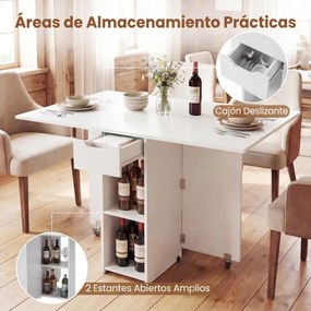 Mesa de jantar extensível 120 x 72 x 75 cm com 2 rodas; mesa de cozinha dobrável com prateleira, gaveta de 2 compartimentos e abas rebatíveis branca