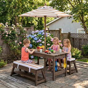 Conjunto de Mesa Infantil com 2 Bancos e Sombrilha, 89 x 44 x 50 cm, Sombrilha Ajustável em 3 Posições, Castanho