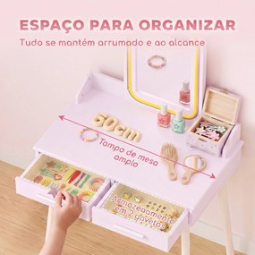 Toucador Infantil para Menina com Espelho LED de 3 Cores, Banco e 2 Gavetas, 3-8 Anos, Rosa