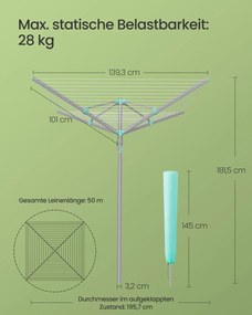 Estendal de roupa giratório 139,3 x 139,3 x 181,5 cm com capa protetora e 50 m de corda para 5 cargas de roupa Prateado